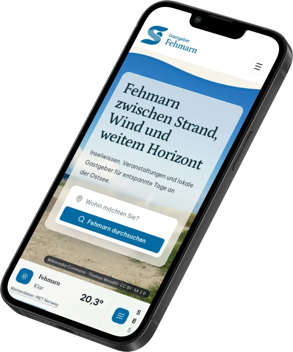 Startseite des Portals Fehmarn auf dem Smartphone, mit Suche und Wetter